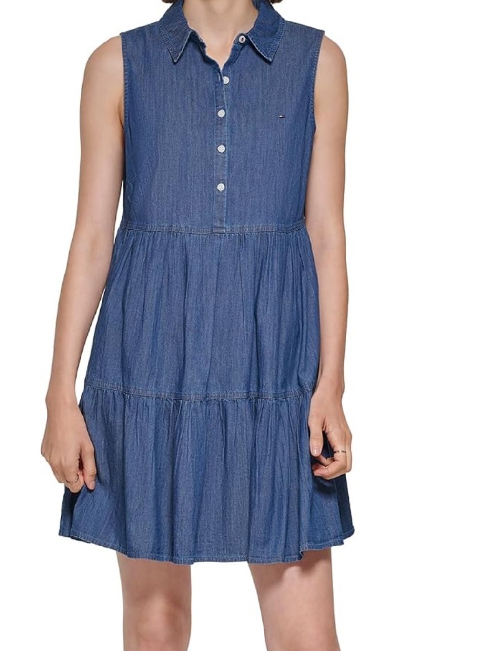 Tommy Hilfiger Sleeveless Denim Tiered Shirt Dress - Blue